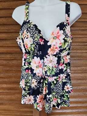 Navy Floral Peplum Tankini Top